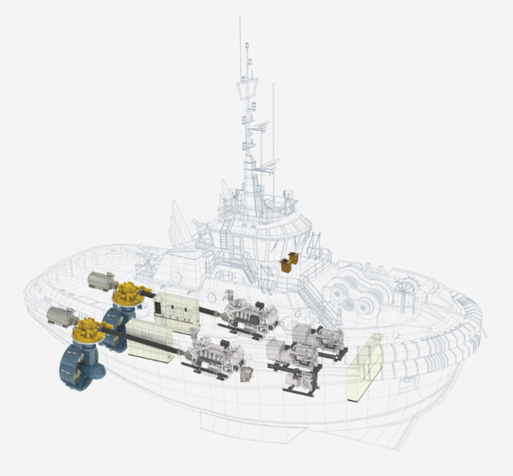 Wireframe of a tug showing the hybrid propulsion layout: azimuth thrusters, electric motors, main engines and gensets
